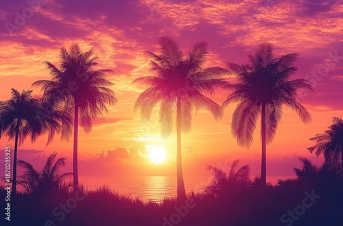 Tropical beach with palm trees silhouetted against a vibrant purple and orange sunset over the ocean, evoking calmness and tranquility