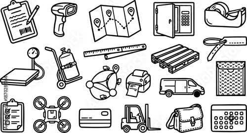 Line art hand drawn logistics icon set close up delivery symbols including van pallet forklift drone clipboard low angle simple composition
