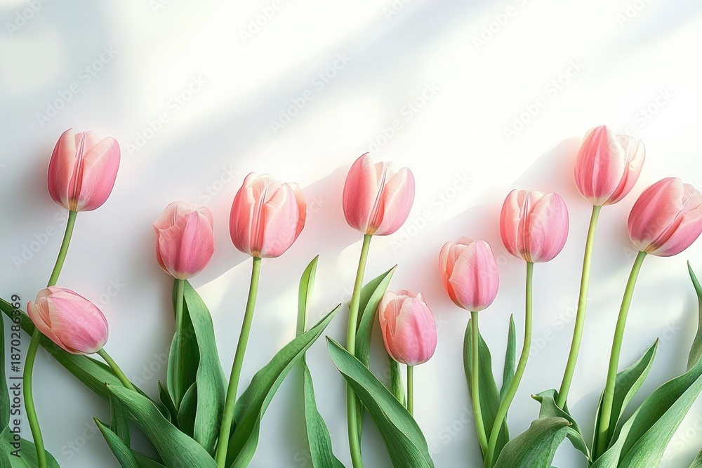Fototapeta premium Delicate pink tulips with green leaves arranged in a row on a white background, soft sunlight and gentle shadows conveying a calm spring feeling