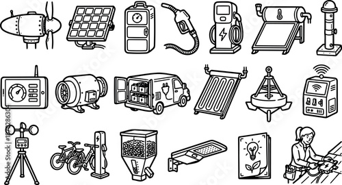 Line art icon set close up renewable energy and electric vehicle charger technician repairing solar panels in studio backlit illustration icons