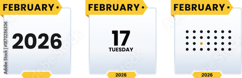 February 17 Tuesday 2026 calendar icon set vector illustrator. Checklist day calendar. Schedule date, appointment, month, week, agenda, Containing, organization and event Editable line icons. 