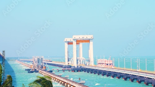 Aerial View of Pamban Rail Bridge, Tamil Nadu, India,