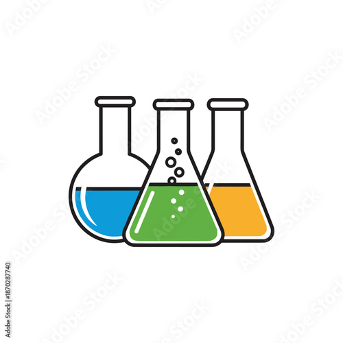 Three laboratory flasks with colorful liquids, representing scientific research and chemical experiments