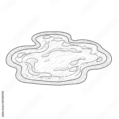 Outline of a pond with water lines and textured edges on a plain white background