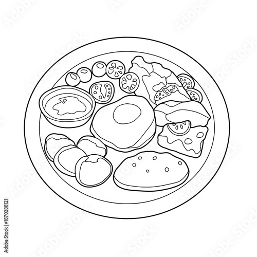 Line art of food on a round plate,  egg, tomatoes, sauce, salad, potatoes, and flatbread