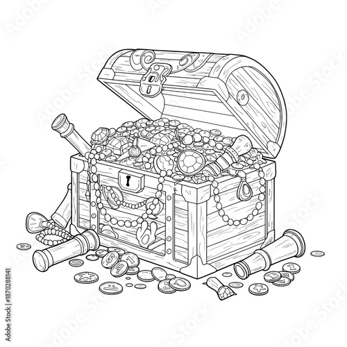 A treasure chest overflowing with gold coins, gems, jewelry, and a telescope in a wood style art