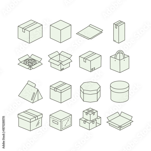 Isometric line art icons depicting a diverse collection of packaging boxes, mailers, and containers in various shapes and open or closed states.