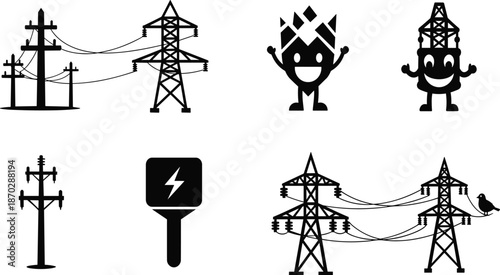 Electrical power line tower icons set, high voltage electricity transmission pylon vector silhouettes, energy grid symbols, industrial utility supply infrastructure,