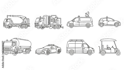 Vector Outline Illustrations of Diverse Utility, Service, and Personal Transportation Vehicles