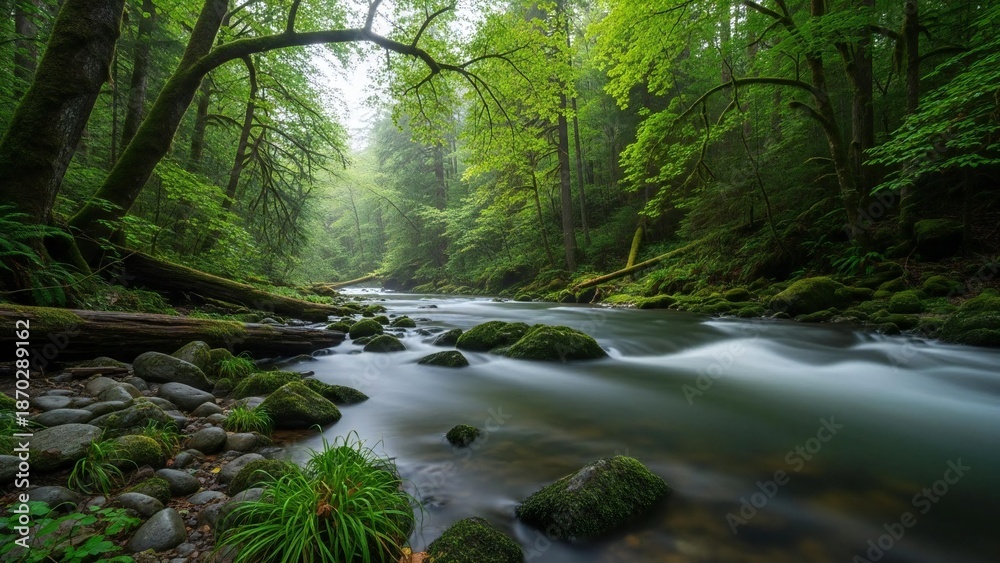 Obraz premium Mossy forest stream with rocks and trees