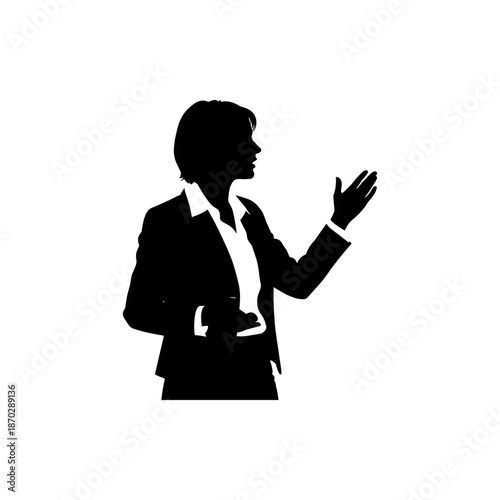 Silhouette of a confident businesswoman actively presenting or explaining a concept with expressive hand gestures, embodying leadership and effective communication in a professional setting