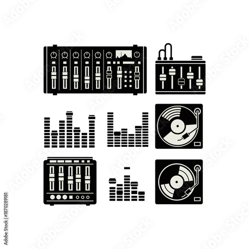 A collection of black and white flat design icons depicting various audio mixing equipment, turntables, and sound equalizers for music production.