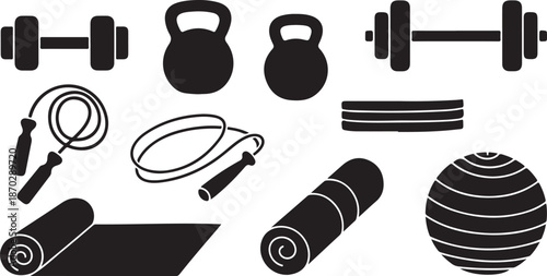 Fitness equipment icons for workout and exercise routine