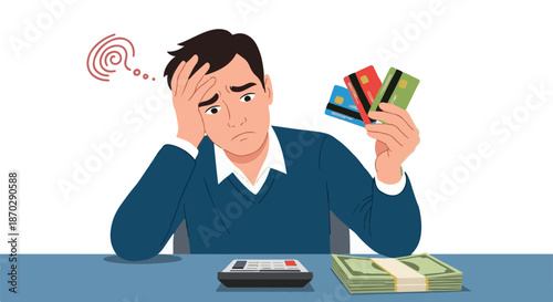 Man overwhelmed with credit card debt and financial stress, holding credit cards and money with calculator on desk