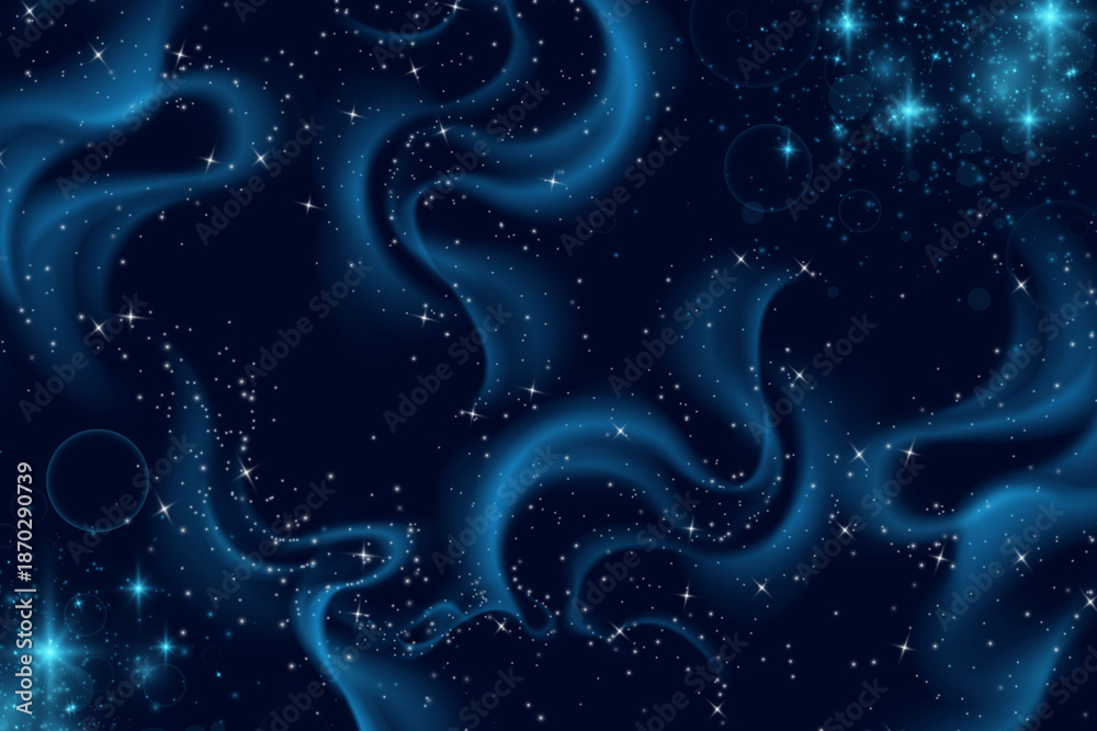 Fototapeta premium Mystical deep blue outer space background with swirling ethereal nebulae glowing stars and sparkling stardust creating a serene galactic atmosphere