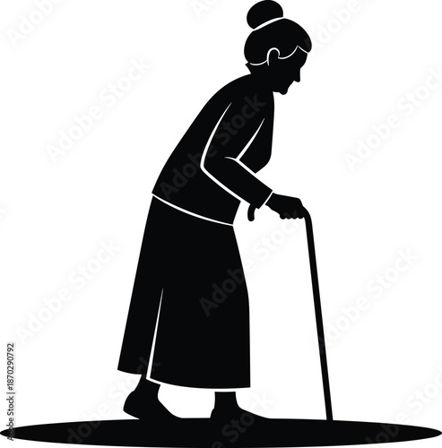 Black silhouette of an elderly woman walking with a cane on a white background, senior lady grandmother vector illustration icon.