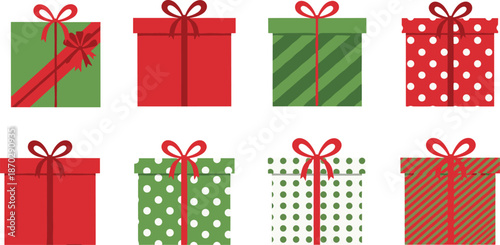 Collection of Red and Green Christmas Gift Boxes with Ribbons and Bows Featuring Polka Dots Stripes and Flat Vector Patterns