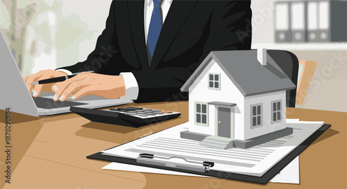 Real estate professional in a business suit working on a laptop, analyzing property investments and home finance options with a model house on the office desk