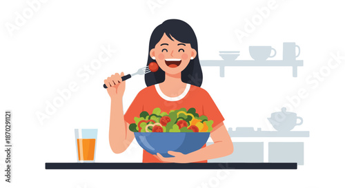 Smiling young woman joyfully enjoying a vibrant, fresh salad and a refreshing glass of juice, promoting healthy eating habits and a wholesome, balanced lifestyle for overall well-being and vitality