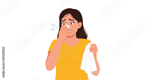 Young Woman Experiencing Allergy Symptoms or Common Cold, Holding Tissue to Her Runny Nose, Feeling Unwell and Discomfort, Awaiting Relief from Illness