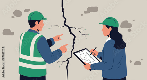 Building Inspection and Damage Assessment with Professionals Reviewing Cracked Wall Blueprint