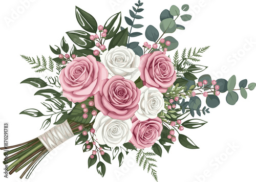Elegant floral bouquet illustration featuring pink and white roses with eucalyptus leaves, green ferns, and pink berries for wedding stationery.