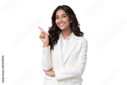 Confident Indian businesswoman in a white blazer, pointing her finger up and smiling at the camera, isolated on transparent background