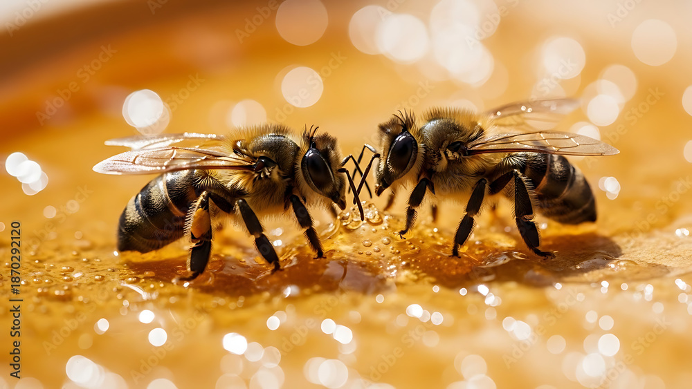 Fototapeta premium Two honey bees facing each other on a surface covered in honey