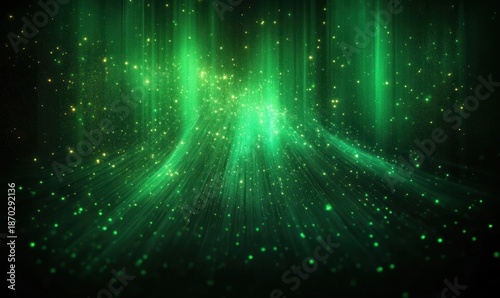 Glowing green and gold light streaks creating a magical, flowing, and radiant abstract digital landscape filled with sparkling particles