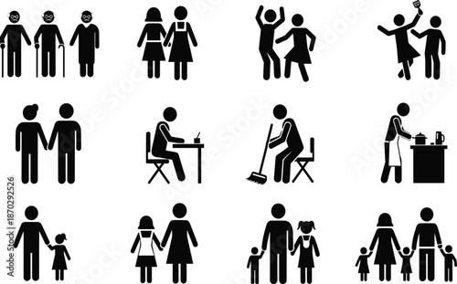 Family life pictogram icon set illustrating relationships activities daily routines generations caregiving work leisure parenting and household roles silhouette vector design