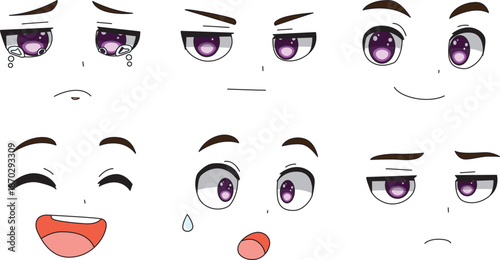 Anime Boy Side View Looks Facial Expressions Set of 6 Men Emotions Vector
