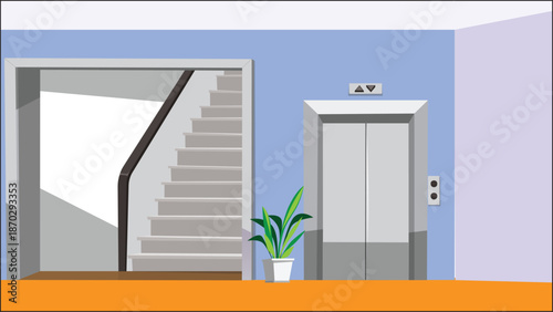 Corridor Lift And Staircase Front View Hallway Interior Design Vector