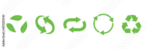 Recycle vector icon set. Arrows, heart and leaf recycle eco green symbol. Rounded angles. Recycled signs illustration isolated on white background.