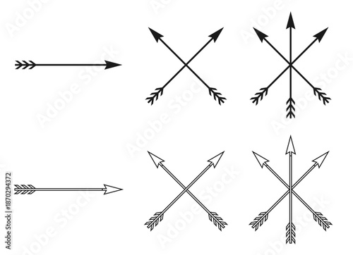 Bow arrow shape set. Crossed arrows heraldry and coat of arms symbol collection. Archery sign. Vector illustration image.
