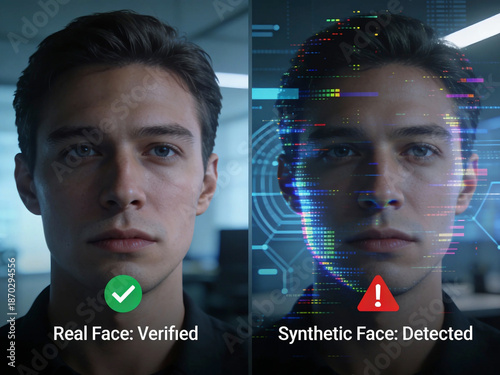 Deepfake AI Detection and Media Authenticity Technology, Artificial Intelligence Face Analysis for Cybersecurity, Digital Identity Verification, Fraud Prevention and Synthetic Media Threat Concept