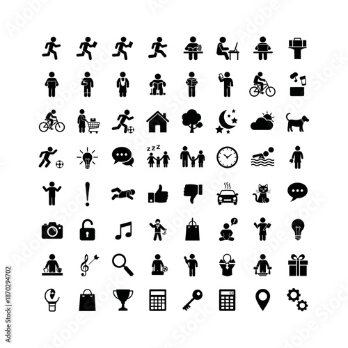 A comprehensive collection of black silhouette icons representing people, daily activities, objects, and common symbols.