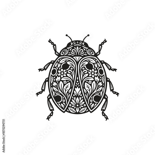 Artistic ladybug illustration in a top-down view, featuring its wing covers and body intricately decorated with symmetrical floral patterns, blooming flowers, and botanical leaf details