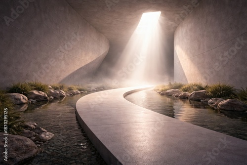 Minimalist abstract pathway leading toward bright light in modern architectural space