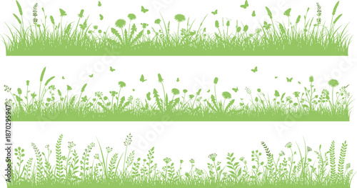 Green grass border silhouette set with wildflowers butterflies meadow nature spring summer landscape decorative vector illustration design elements background isolated