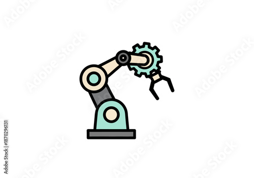 Stylized icon of a multijointed robotic arm holding a blue gear
