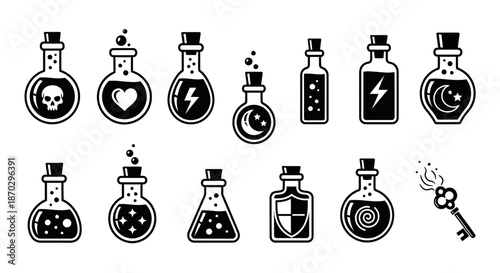Magical potion bottles and mystical key icons represent fantasy, mystery, and enchantment for creative projects