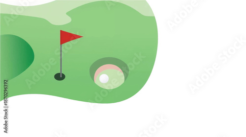 A stylized illustration of a golf course green with a red flag and a hole, depicting the sport.