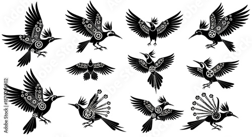 Intricate steampunk birds with gears and clockwork designs take flight in a dynamic collection showcasing mechanical artistry and imaginative avian forms