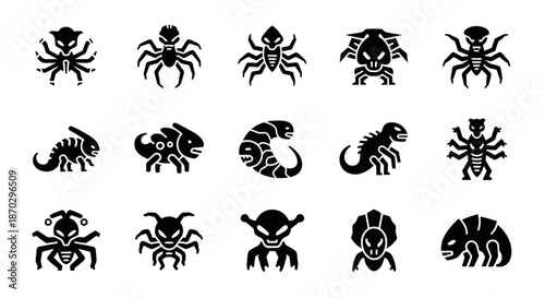 Collection of unique alien creature icons and symbols, perfect for sci-fi game assets, futuristic app design, or mysterious branding projects.