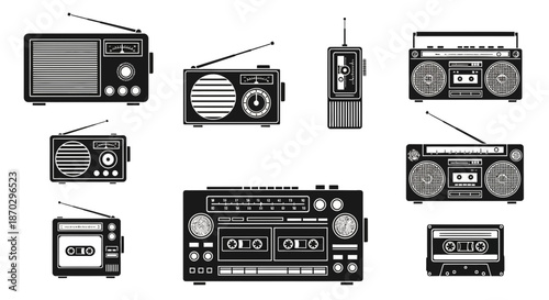 Retro audio collection featuring vintage radios and boomboxes, evoking nostalgia and classic music vibes for timeless design projects.