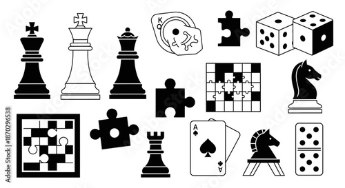 Diverse collection of classic board game elements including chess pieces, puzzle pieces, dice, dominoes, and playing cards for strategy and fun themes.