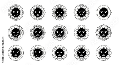 Diverse collection of expressive emoji faces conveying a spectrum of emotions from joy and contentment to anger and sadness, perfect for digital communication and branding.