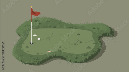 An illustrated top-down view of a golf putting green with a red flag in the hole and two white golf balls on the grass.