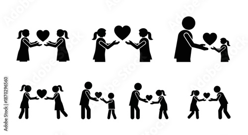 Diverse figures sharing love and kindness, symbolizing connection, family, and community in heartwarming gestures.