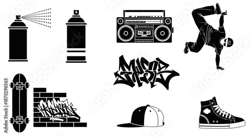 Dynamic urban culture icons capture the vibrant spirit of street art, breakdancing, and skateboarding, perfect for modern designs.